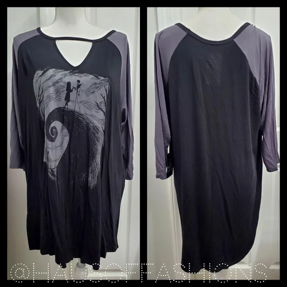 TORRID NMBC Jack Skellington & Sally Patches Choker Neck Raglan Top! NWT! - Picture 5 of 7